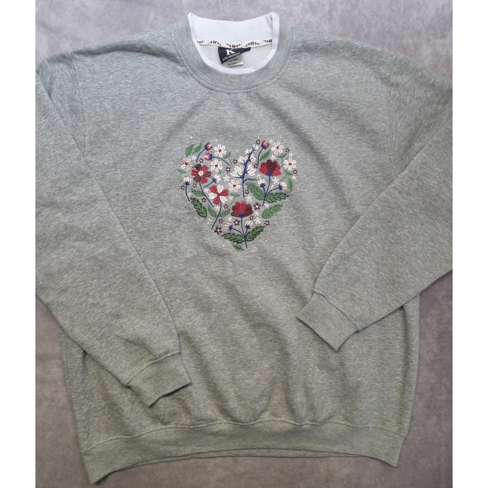 VTG Embroidered Sweatshirt XL Grey Floral Heart Cottagecore Grannycore 90's